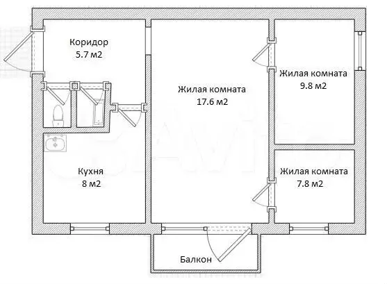3-к. квартира, 52,2 м, 2/3 эт. - Фото 0
