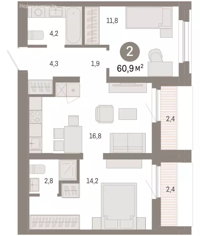 1-комнатная квартира: Тюмень, Мысовская улица, 26к2 (60.86 м) - Фото 1