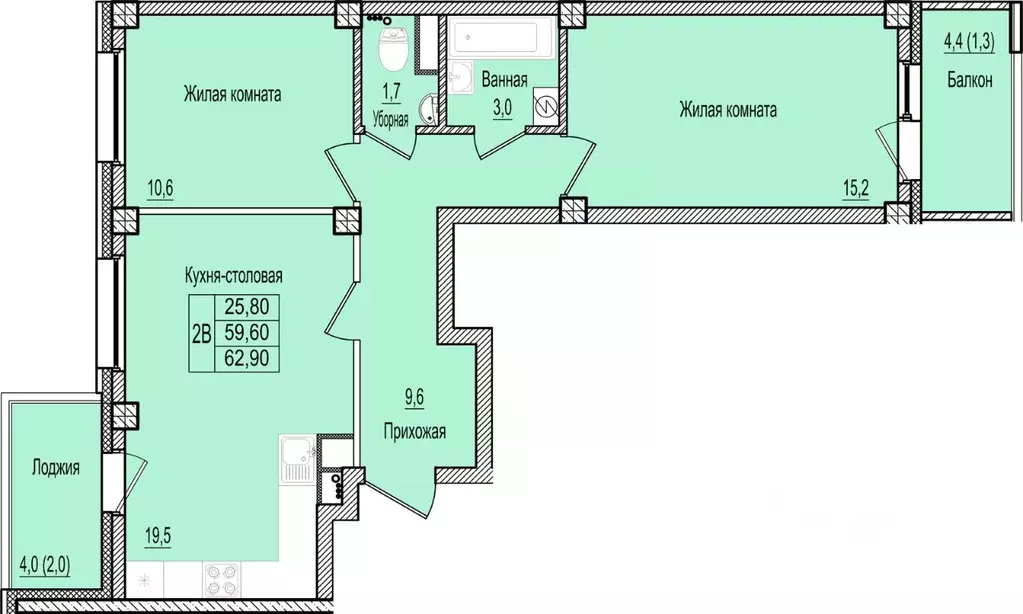 2-к кв. Псковская область, Псков Крестовский жилой комплекс (62.9 м) - Фото 1