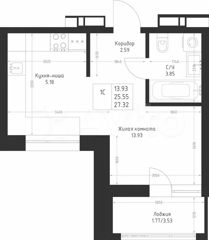 Квартира-студия, 27,3 м, 3/23 эт. - Фото 1