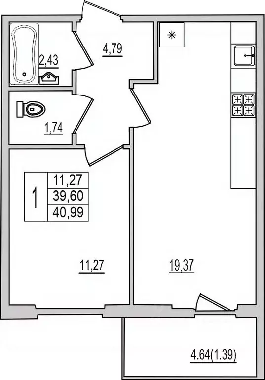 1-к кв. Псковская область, Псков Рижский просп., 94Г (40.99 м) - Фото 1