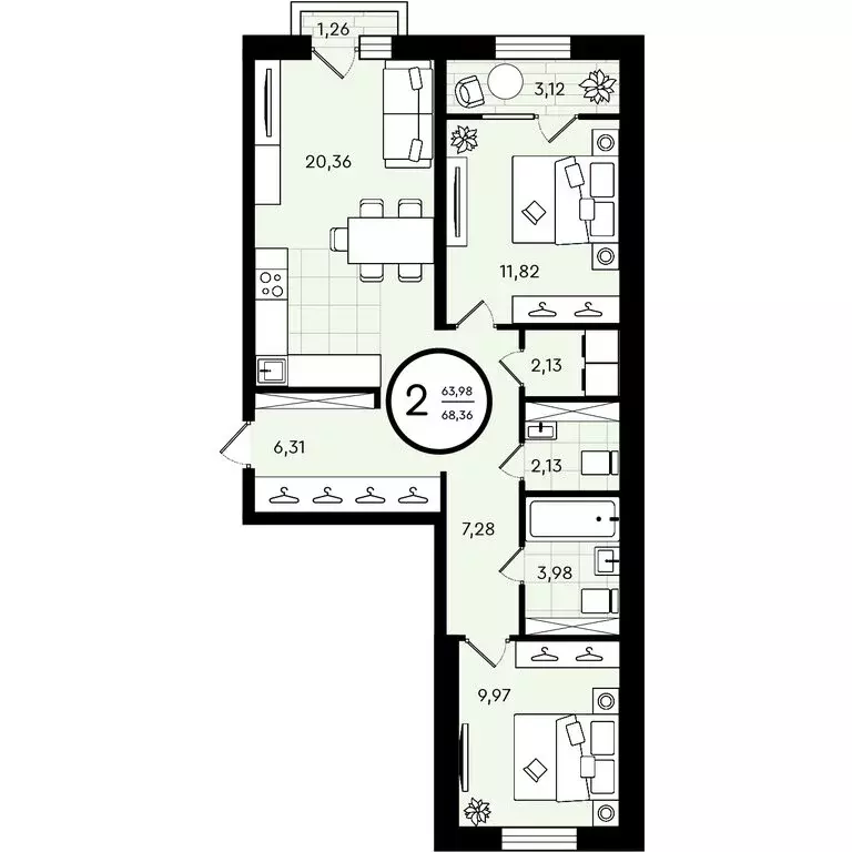 2-комнатная квартира: Тюмень, улица Александра Звягина, 7 (68.36 м) - Фото 0
