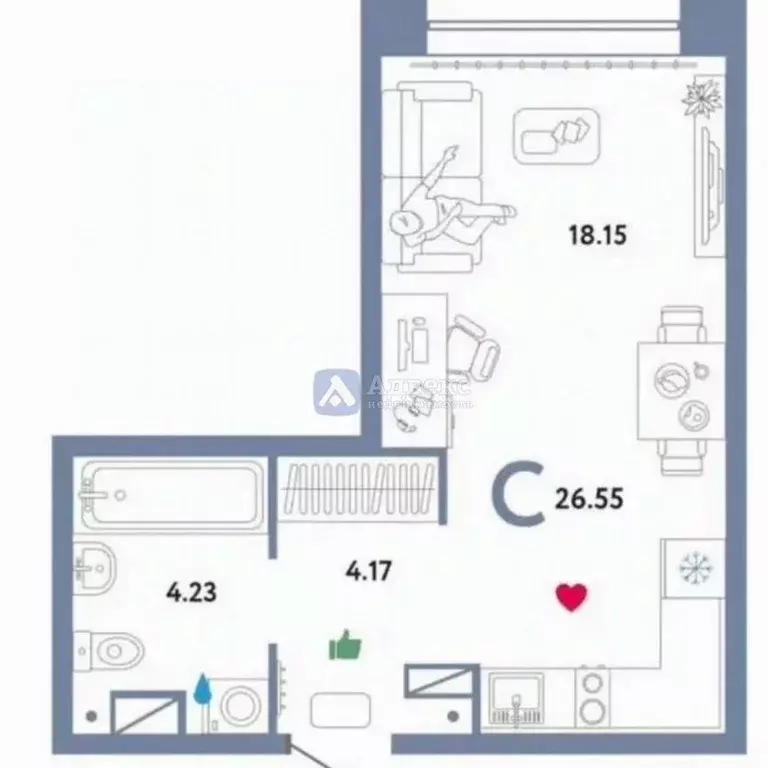 Студия Тюменская область, Тюмень ул. Алматинская, 4 (26.55 м) - Фото 2