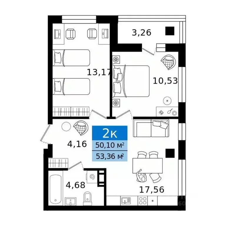 2-к кв. Курганская область, Курган просп. Конституции (53.36 м) - Фото 1