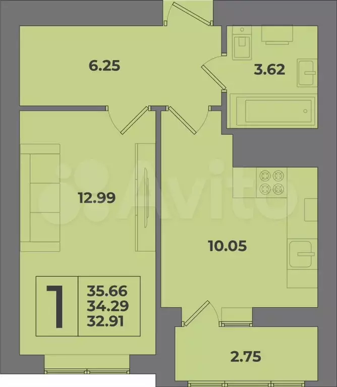 1-к. квартира, 35,7 м, 6/8 эт. - Фото 1