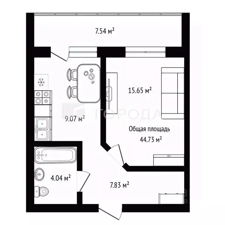 1-к кв. Новосибирская область, Новосибирск ул. Титова, 253/7 (44.73 м) - Фото 1