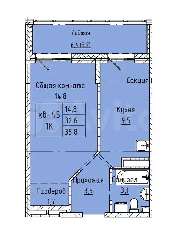 1-к. квартира, 35,8 м, 3/8 эт. - Фото 0