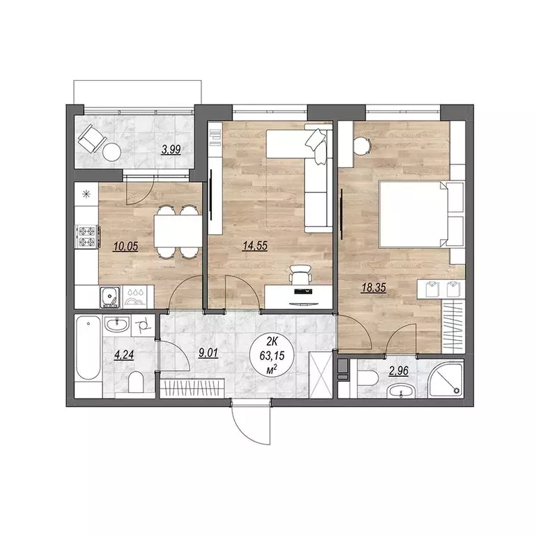 2-к квартира, 63.15 м - Фото 0
