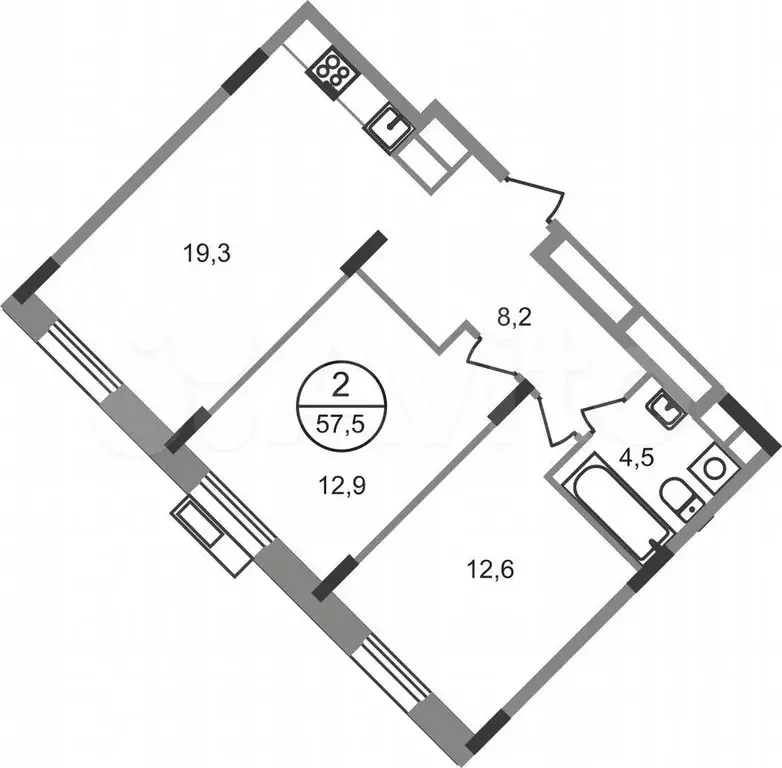 2-к. квартира, 57,5 м, 7/9 эт. - Фото 0