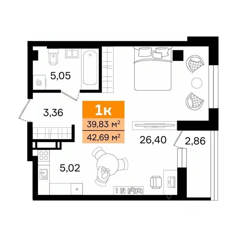 1-к кв. Курганская область, Курган просп. Конституции (42.69 м) - Фото 2