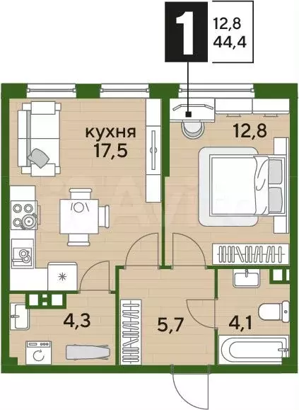 1-к. квартира, 44,4м, 8/19эт. - Фото 1