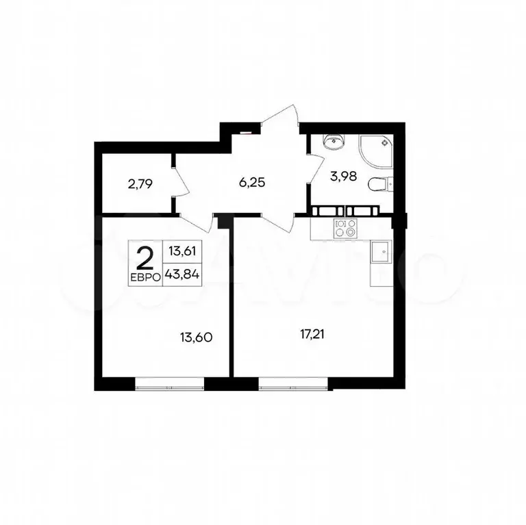 1-к. квартира, 43,8 м, 1/9 эт. - Фото 1