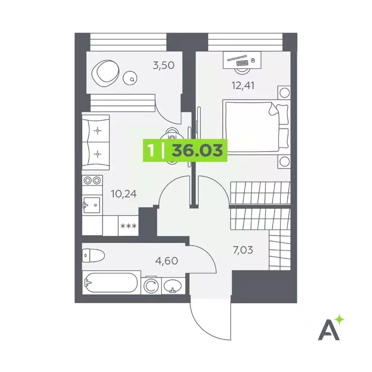 Квартира, 1 комната, 36.03 м - Фото 1