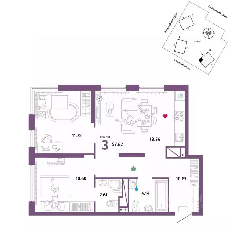 3-к кв. Свердловская область, Екатеринбург тракт Сибирский, 24Д (57.62 ... - Фото 0