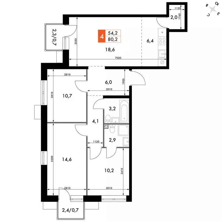 4-комнатная квартира: Владивосток, ЖК Флагман (80.2 м) - Фото 2