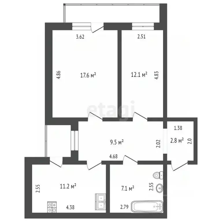 2-к кв. Тюменская область, Тюмень ул. Пермякова, 20к1 (62.0 м) - Фото 2