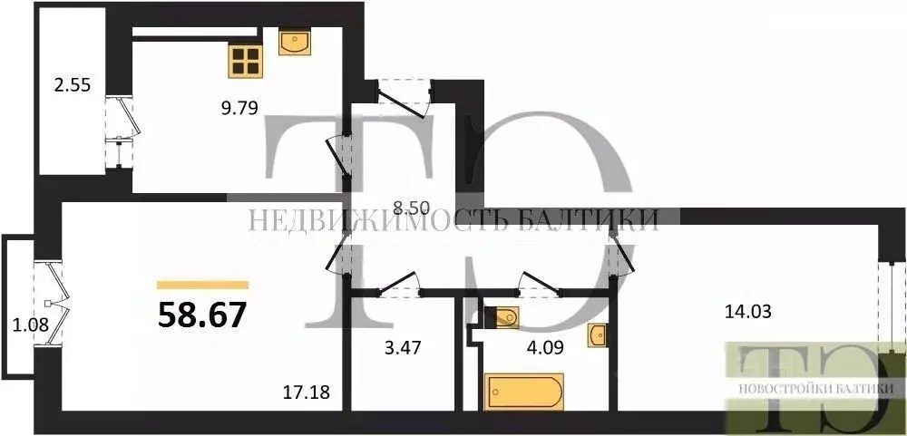 2-к кв. Калининградская область, Калининград Суздальская ул. (58.67 м) - Фото 0
