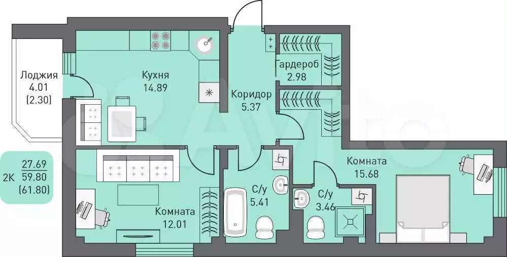 2-к. квартира, 61,8м, 10/12эт. - Фото 0