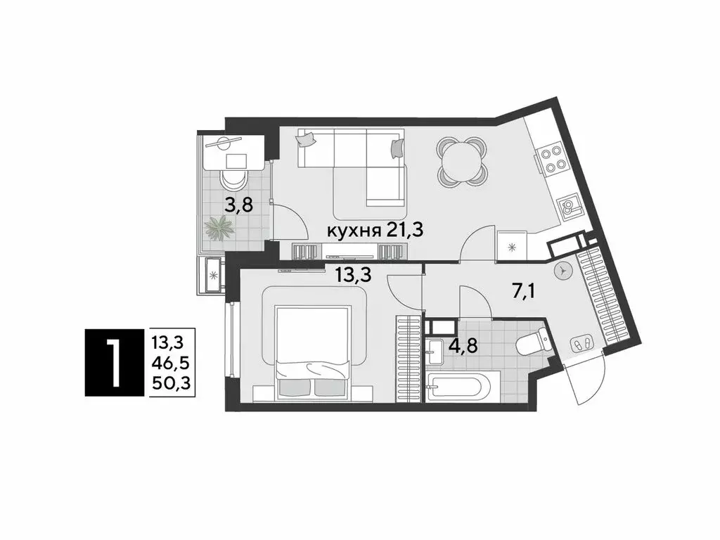 1-комнатная квартира: Краснодар, микрорайон Парк Победы (50.3 м) - Фото 1