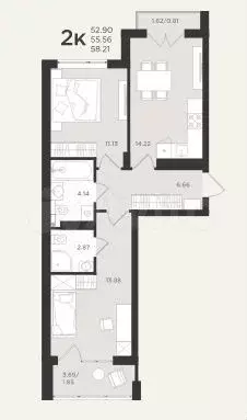 2-к. квартира, 58,2 м, 3/4 эт. - Фото 1