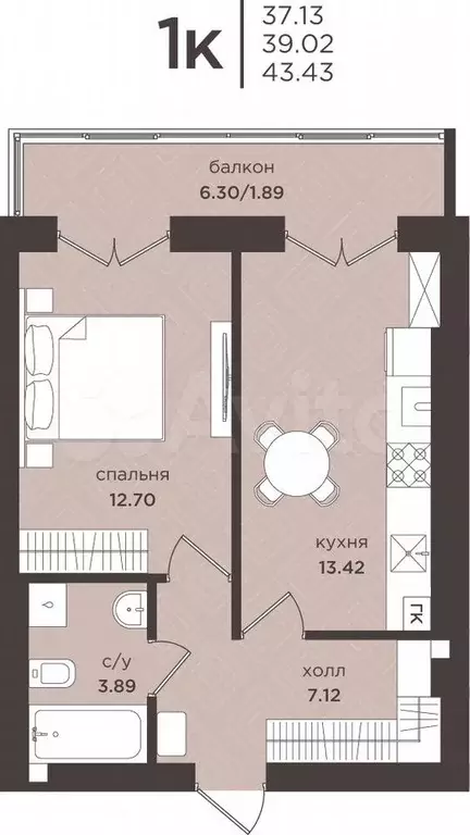1-к. квартира, 39 м, 1/7 эт. - Фото 1
