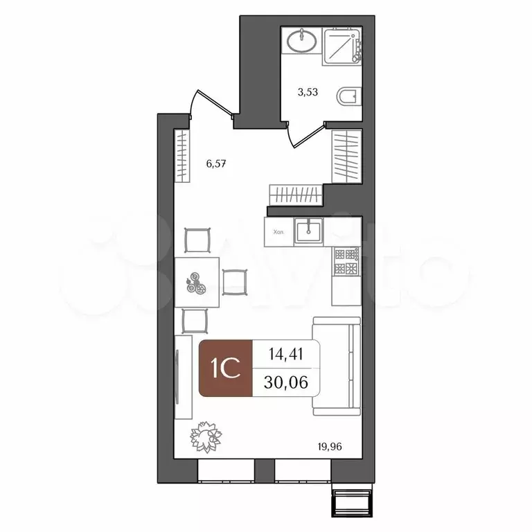 Квартира-студия, 30,1 м, 20/21 эт. - Фото 1