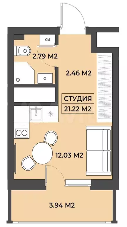 Апартаменты-студия, 21,2 м, 6/19 эт. - Фото 0