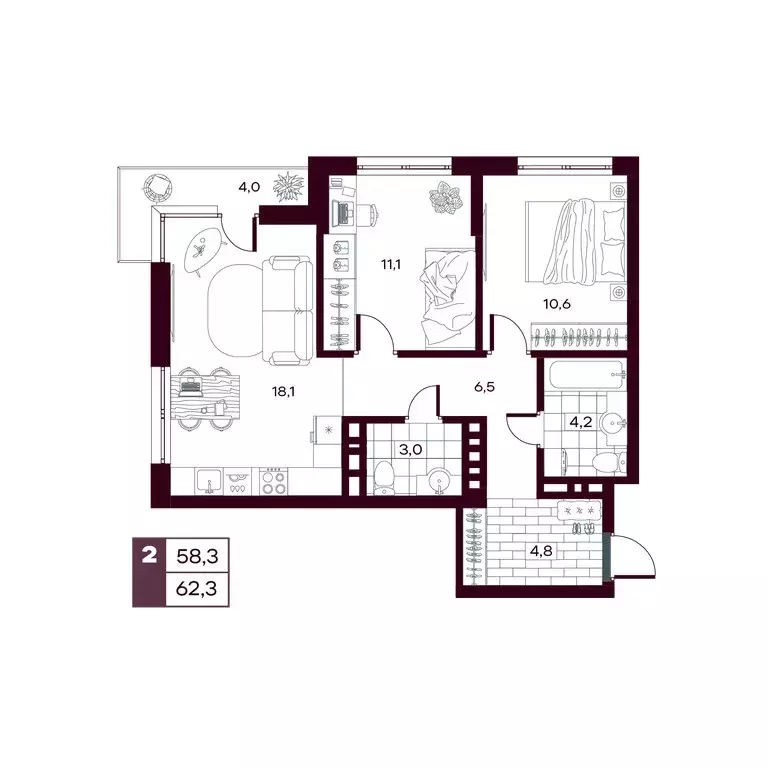 2-комнатная квартира: Дударева, ЖК Макс (62.28 м) - Фото 1