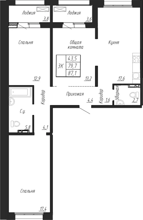 3-к квартира, 87.1 м - Фото 0