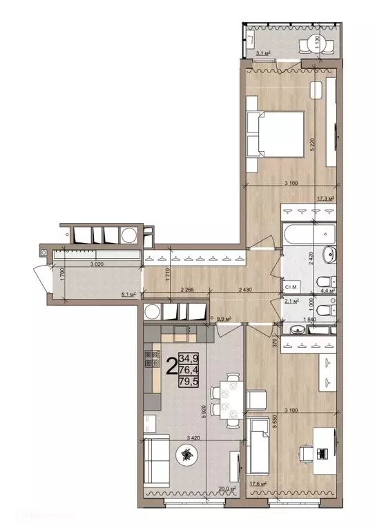 2-к кв. Рязанская область, Рязань Быстрецкая ул., 21к4 (79.5 м) - Фото 1