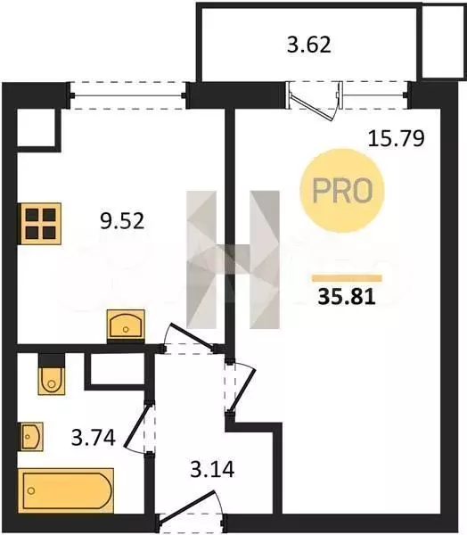 1-к. квартира, 35,8 м, 1/9 эт. - Фото 1