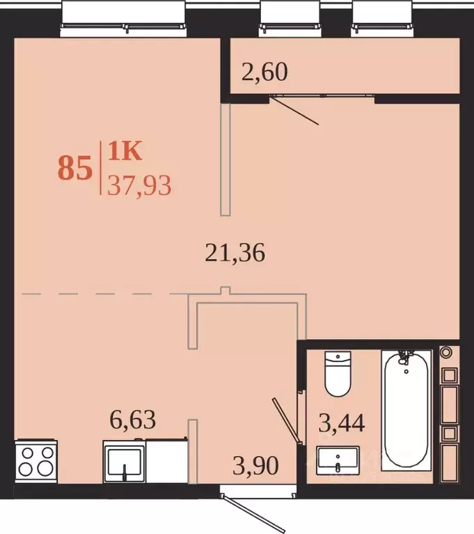 1-к кв. Иркутская область, Иркутск 1661 жилой комплекс (37.93 м) - Фото 1