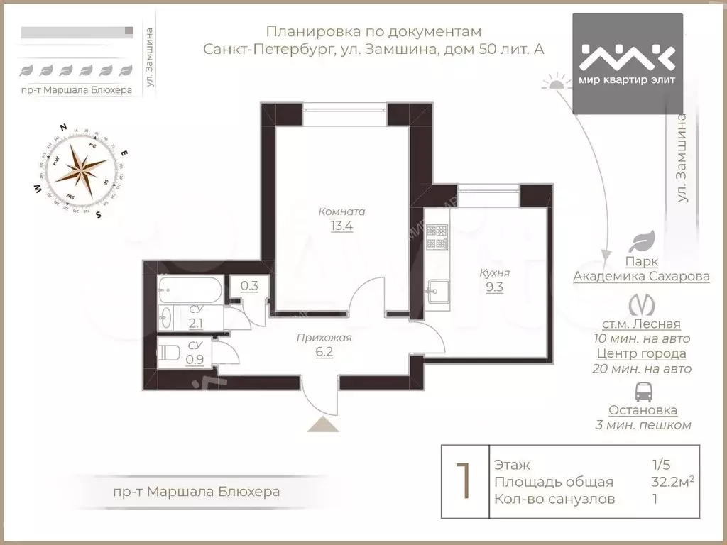 1-к. квартира, 32,2 м, 1/5 эт. - Фото 1