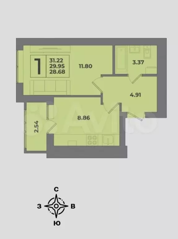 1-к. квартира, 31,2 м, 5/8 эт. - Фото 1