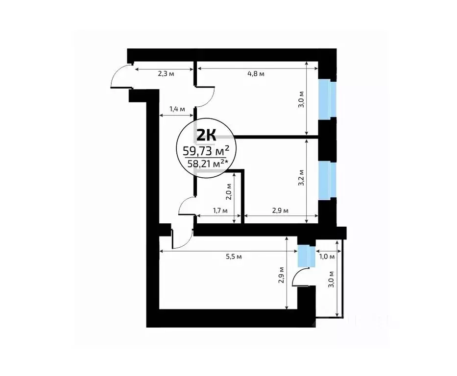 2-к кв. Самарская область, Самара пос. Мехзавод, 1-й кв-л, 50 (59.73 ... - Фото 2