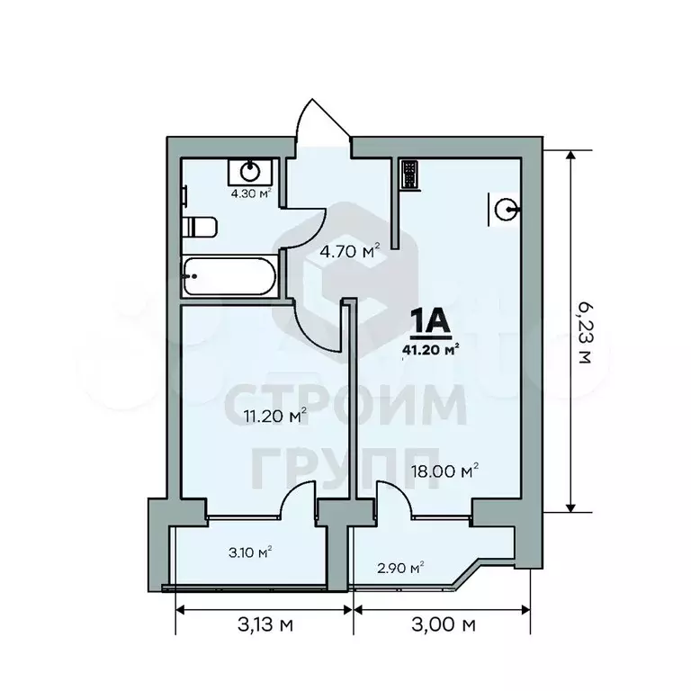 1-к. квартира, 41,2 м, 9/9 эт. - Фото 1