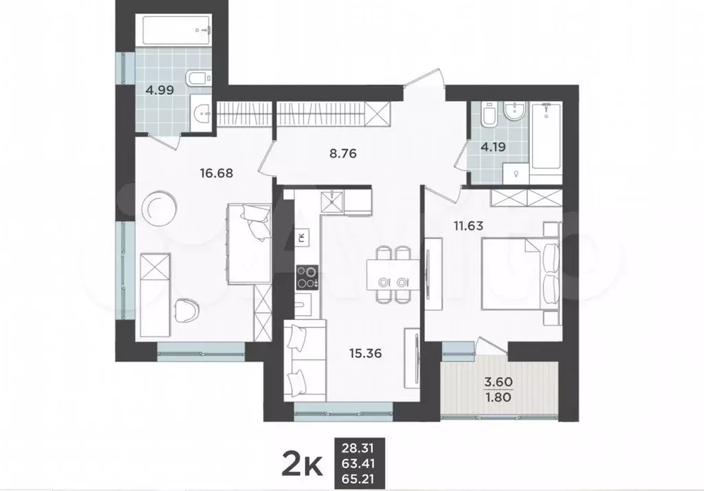 2-к. квартира, 63,4 м, 5/9 эт. - Фото 1