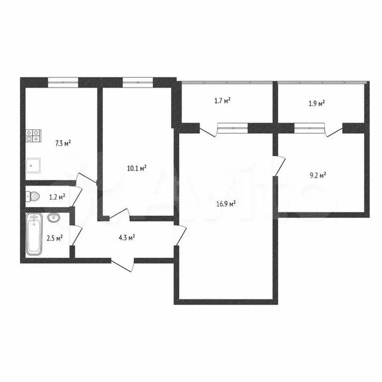 3-к. квартира, 55,4 м, 6/9 эт. - Фото 0