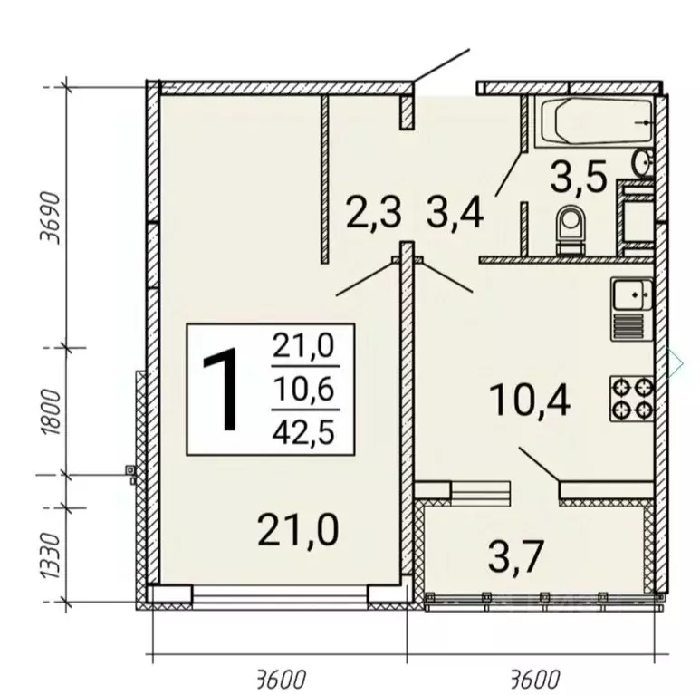 1-к кв. Воронежская область, Воронеж ул. Артамонова, 34Ж (43.0 м) - Фото 1