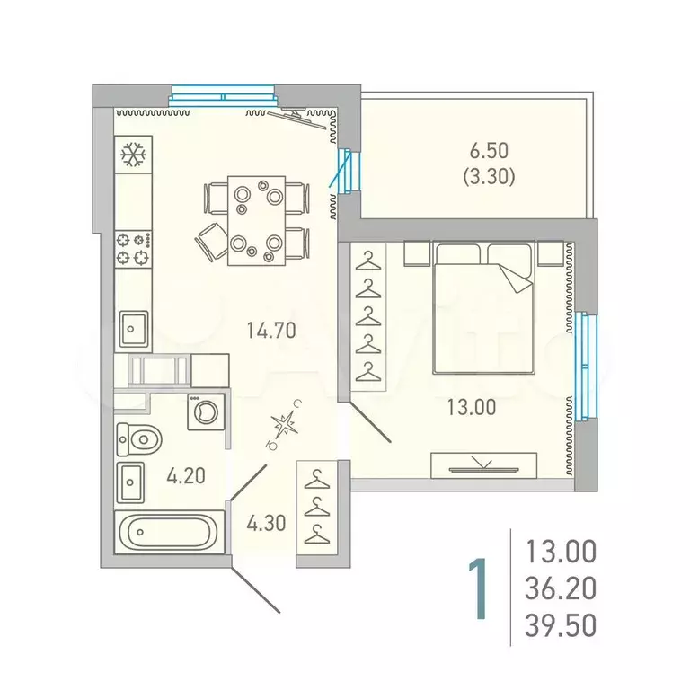 1-к. квартира, 39,5 м, 10/16 эт. - Фото 0