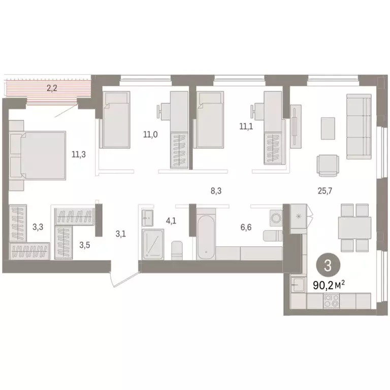 3-комнатная квартира: Новосибирск, улица Аэропорт, 90 (90.15 м) - Фото 2