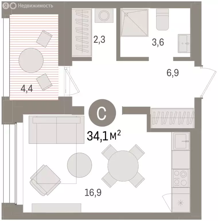Квартира-студия: Тюмень, улица Муравленко, 9/2 (34.06 м) - Фото 1