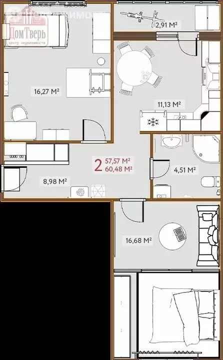 2-комнатная квартира: Тверь, бульвар Гусева, 57 (63 м) - Фото 1