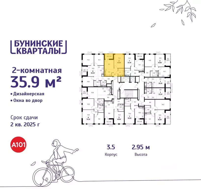 2-к кв. Москва Бунинские Кварталы жилой комплекс, к3.1 (35.9 м) - Фото 1