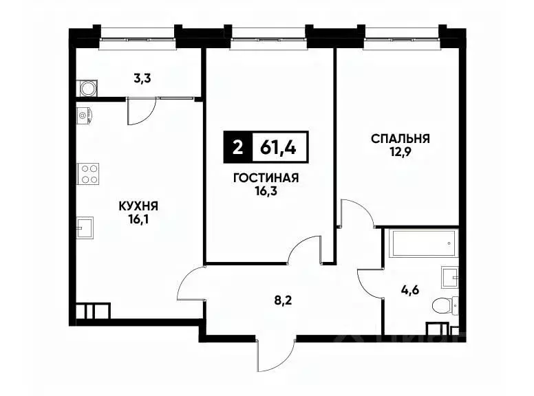 2-к кв. Ставропольский край, Ставрополь ул. Андрея Голуба, 14к1 (61.4 ... - Фото 0