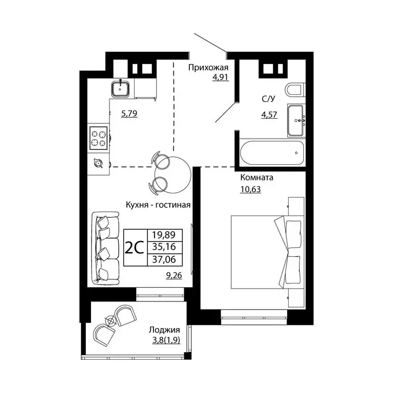 2-комнатная квартира: Ростов-на-Дону, улица Текучёва, 370/2 (36.96 м) - Фото 0