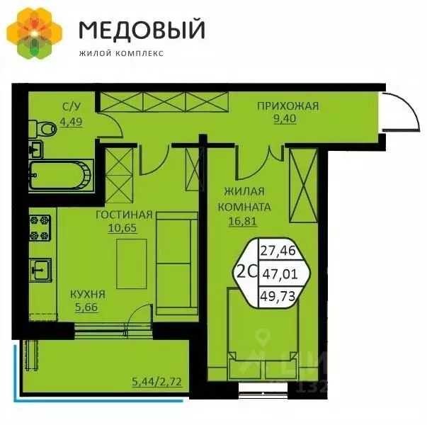 2-к кв. Пермский край, д. Кондратово ул. Н.М. Яблокова, 2 (49.73 м) - Фото 0