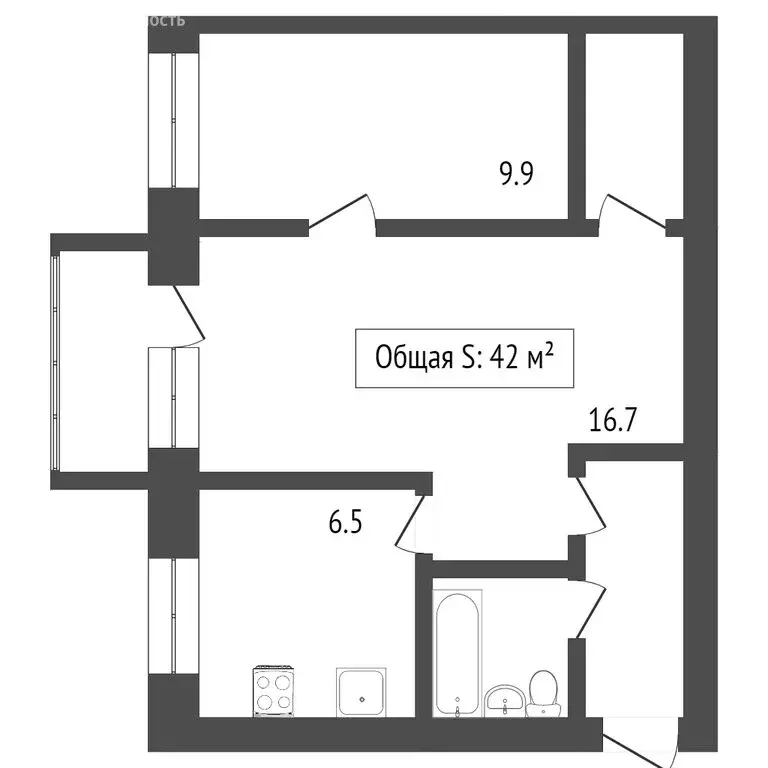 2-комнатная квартира: Томск, улица Усова, 25/1 (43.4 м) - Фото 1