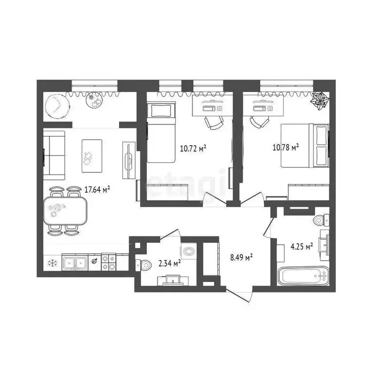 2-комнатная квартира: Тюмень, Харьковская улица, 74 (54.2 м) - Фото 0