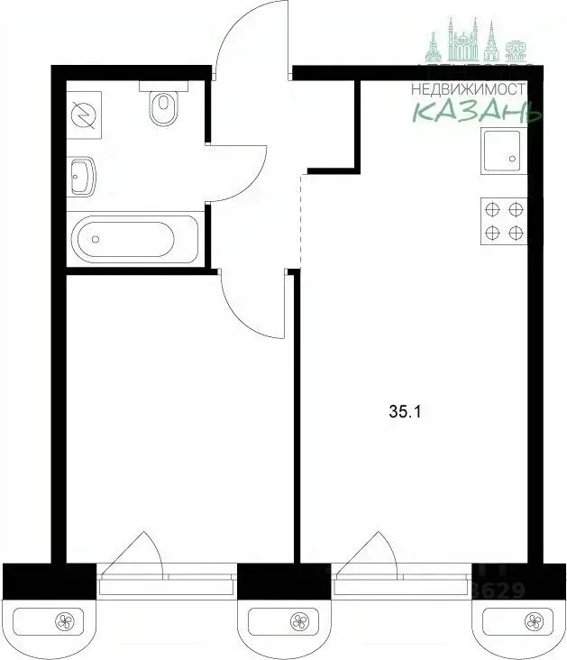 1-к кв. Татарстан, Казань ул. Журналистов, 50 (35.1 м) - Фото 1